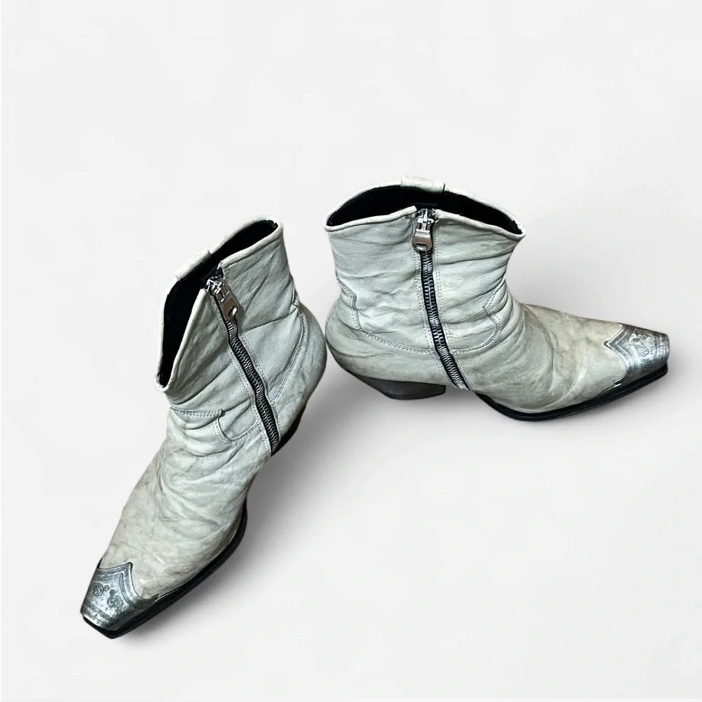 Free People ash white. Silver metal tip toe booties. 2 1/4 heel. Side zipper. - Picture 7 of 8